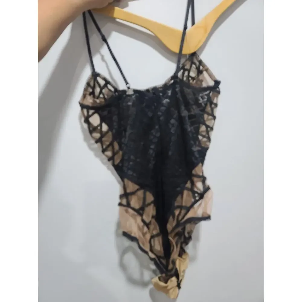 For Love & Lemons Delilah Skivvies Black Nude Floral Lace Underwire Bodysuit M